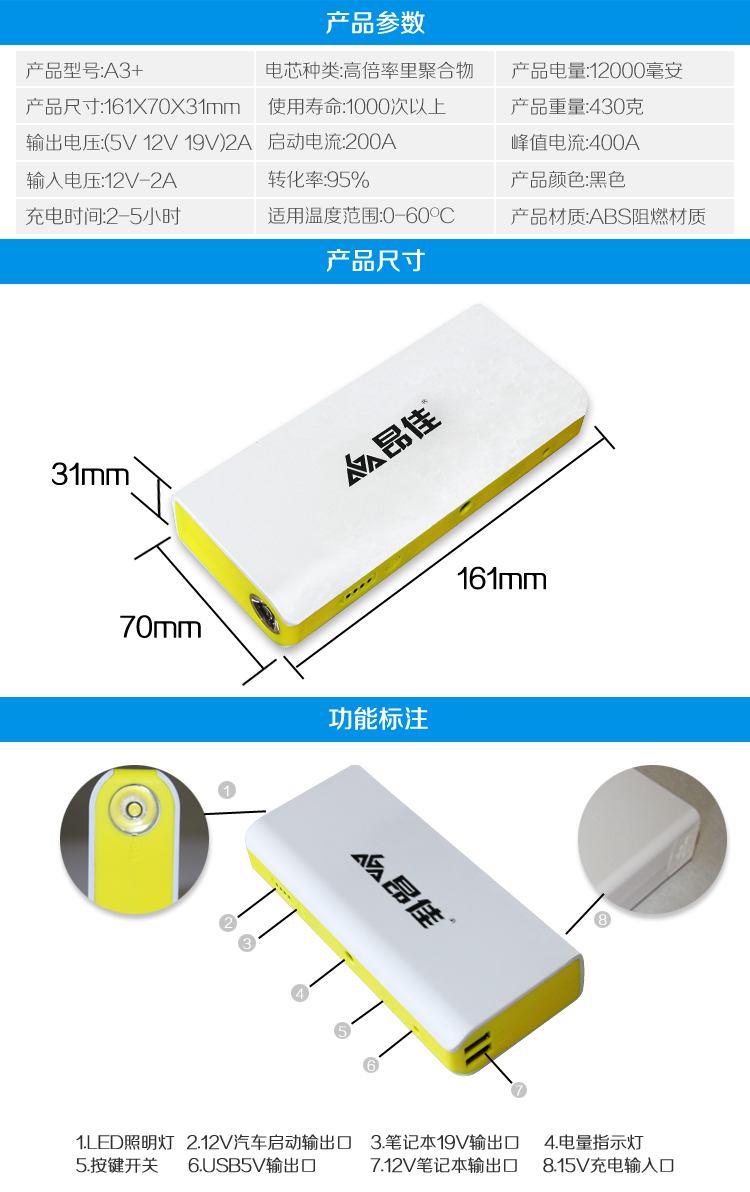 k8凯发A3+S汽车应急启动电源产品参数